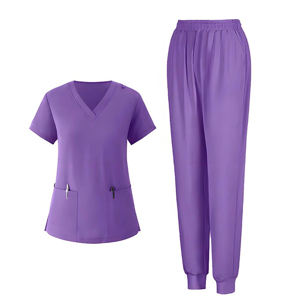 Ladies' Loose And Comfortable V-neck Short Sleeved Workwear With Multiple Pockets Suit Set