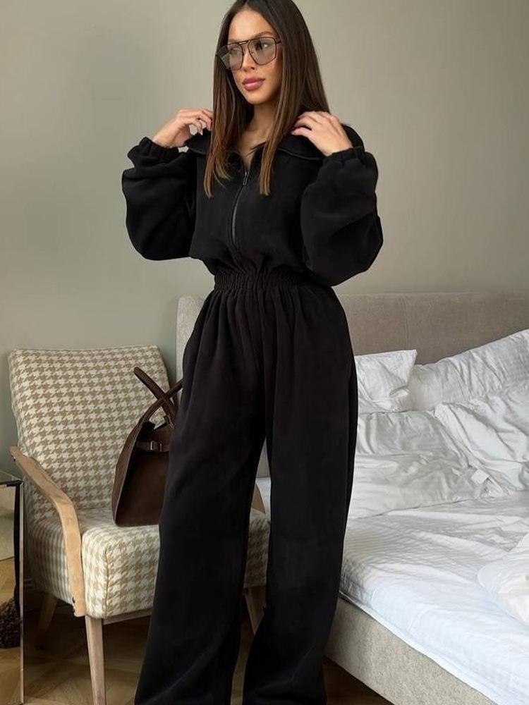 Women's Spring Autumn Long Sleeve Jumpsuit Casual Half Zip Elastic Waist Romper Set