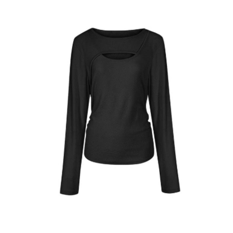 Plus Size Slimming Hollow Long Sleeve Cotton T-shirt - Autumn/Winter Trend XL чёрный