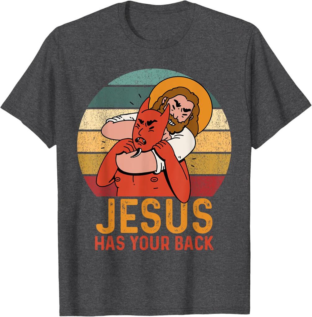 Jesus Has Your Back Fighting Devil Graphic T-Shirt Men's Casual Cotton Short Sleeve Top