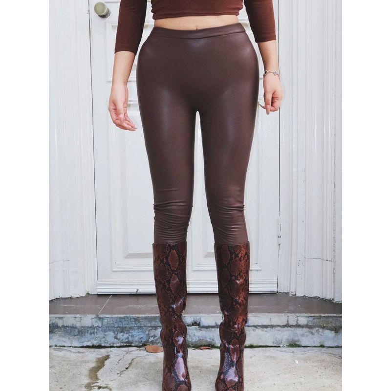 

Lapinky Magic Peach Pants! European and American Sexy Solid Minimalist Four-Sided Stretch Pu Imitation Leather Leggings Trousers Modern Brown L(Shopkeeper upper body)