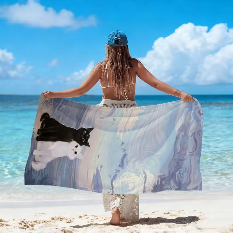Dreamy Fox Crescent Moon Print Beach Towel Mystical Celestial Animal Art Style Beach Blanket Oversized Sand-Free Quick Dry Towel