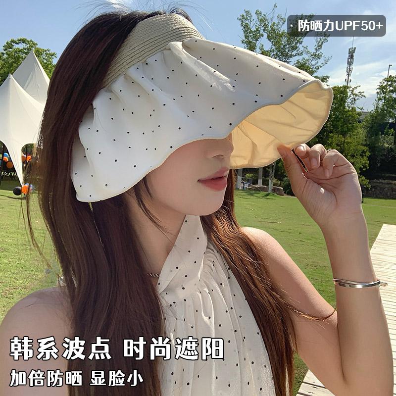 Polka dot pleated empty top hat women's summer large brim anti-ultraviolet sunshade sunscreen hat outdoor face cover sun hat