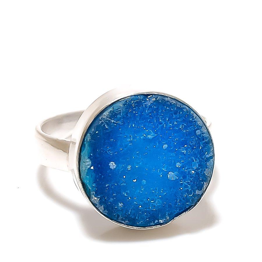 Blue Druzy Gemstone 925 Sterling Silver Jewelry Ring Size Adjustable GK-4416