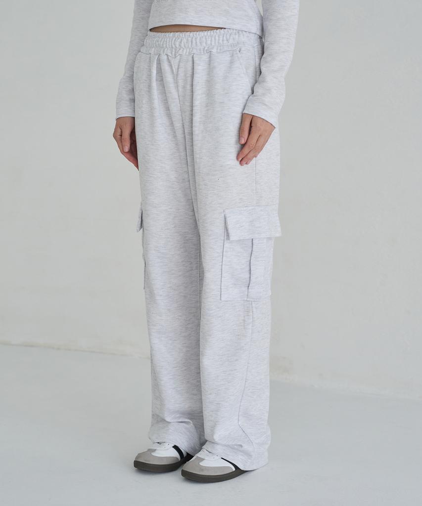 5OML Single-Pleat Wide Cargo Sweatpants (White Melange)