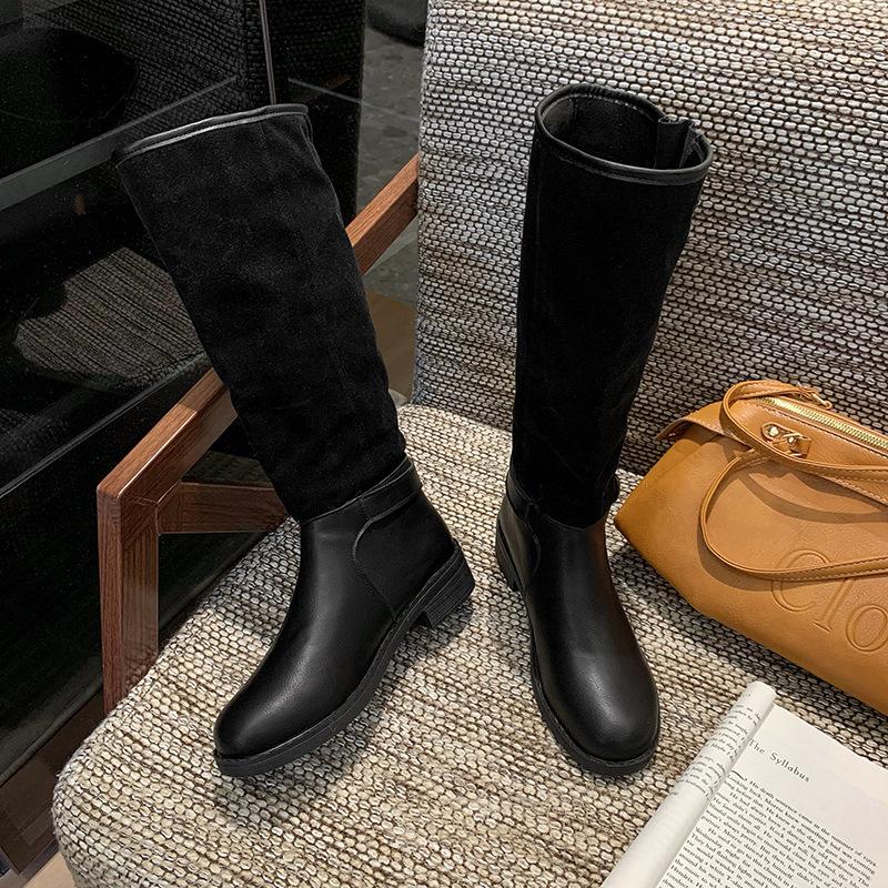 Cowhide Version~ Dong Jie's Same Splicing Pile Boots for Women's Autumn and Winter 2025 New Knight Boots Retro Wind Boots