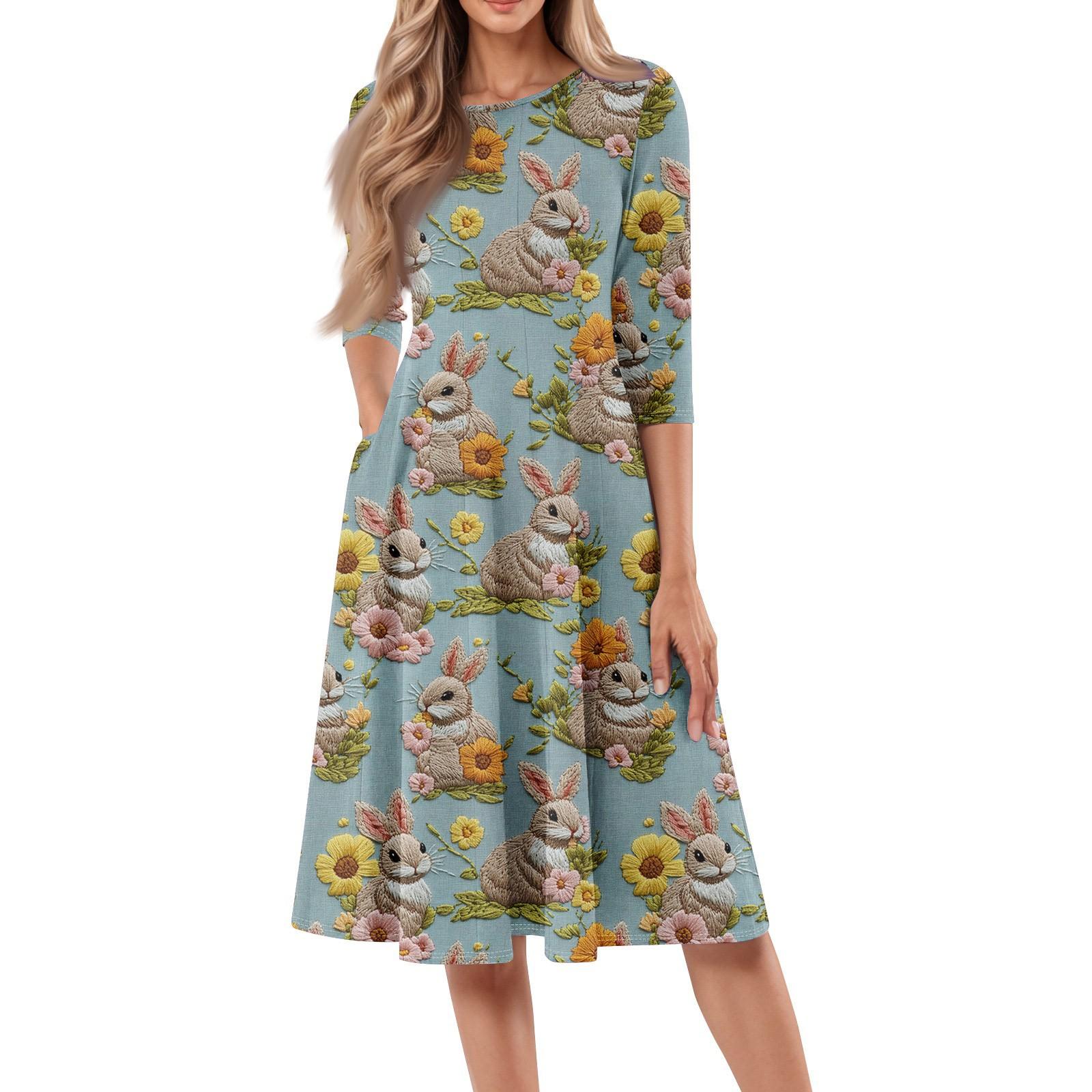 

Женское свободное повседневное и модное платье средней длины с круглым вырезом и рукавами семь четвертей XL