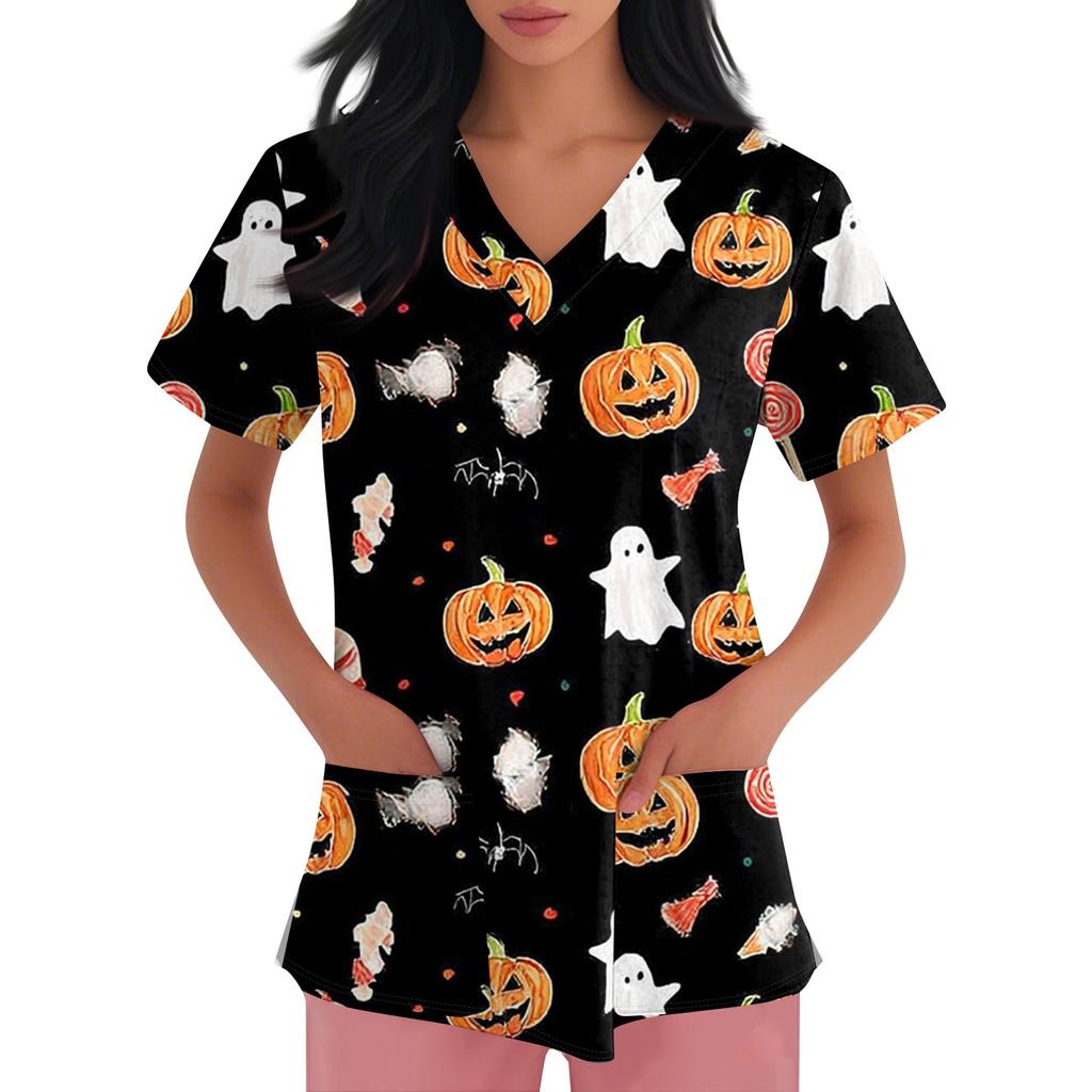 Women's Fashion Short Sleeve Halloween Printed V-Neck Pocket Workwear Tops