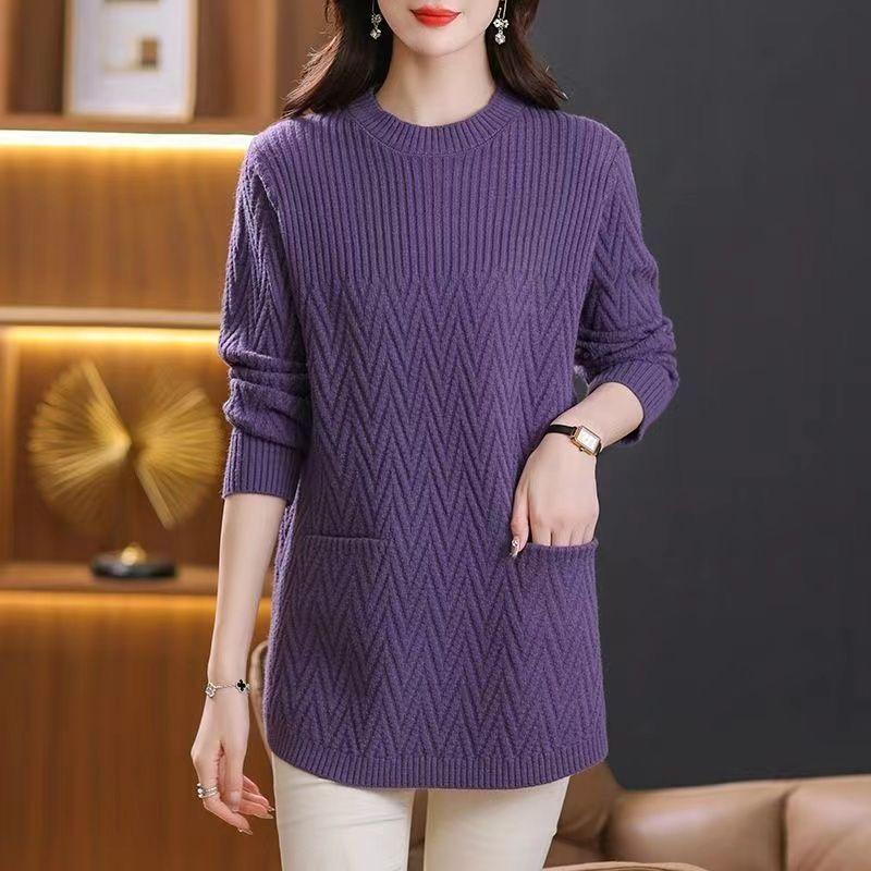 Women's Loose Mid-length Sweater Autumn Winter Thickened crew neck Solid Color Sweater with Pockets