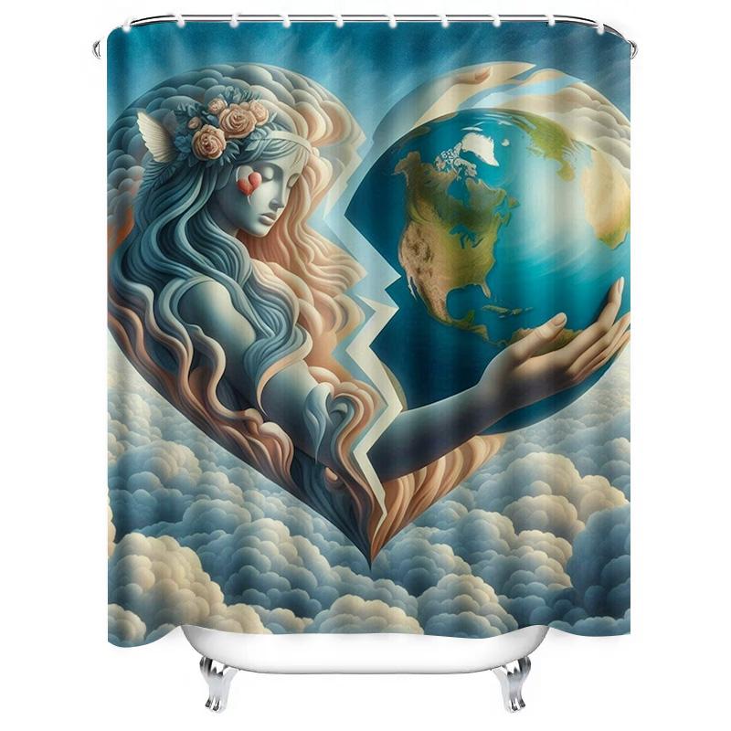 Heart-Shaped Woman and Earth Shower Curtain - Waterproof, Mildew-Resistant, Machine Washable for Unique Bathroom Art