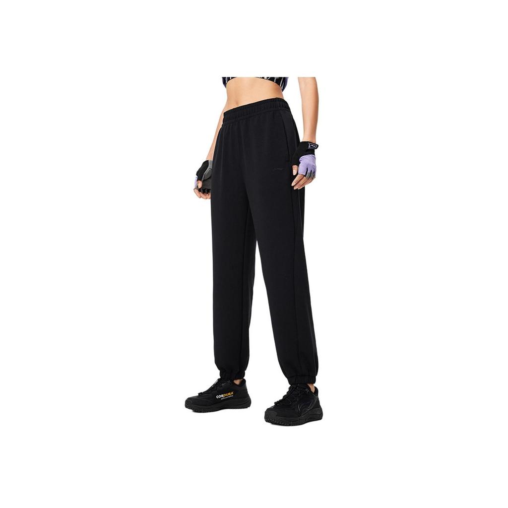 Li Ning Fitness Series Solid Color Casual Loose Breathable Knitted Sports Pants Women bottoms Black AKLU134-4