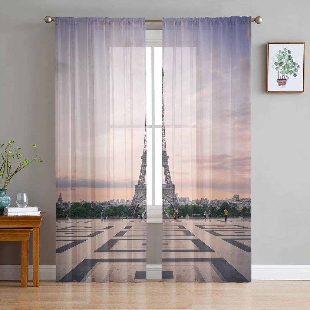 Black And White Paris Drawing Tulle Curtains for Living Room Drapes Window Sheer Modern Curtains for Bedroom Decor