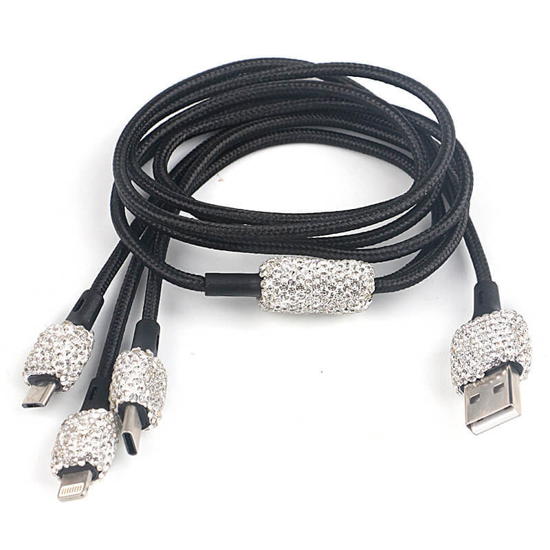 Carregador de carro USB Bling 5V/2.1A Decoração de cristal Adaptador rápido de porta dupla, 3,9 pés Nylon Tipo C Micro USB 3 em 1 Cabo de carregamento múltiplo