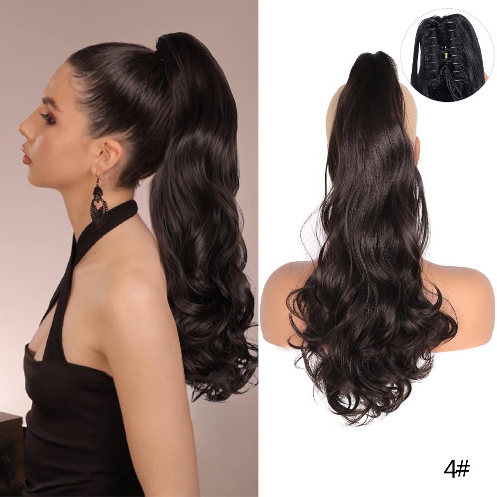 22" hestehaleforlengelsesklo Lang tykk, bølget krøllete kjeveklemme i falske hestehaler Myk naturlig utseende syntetisk hårpynt for kvinner