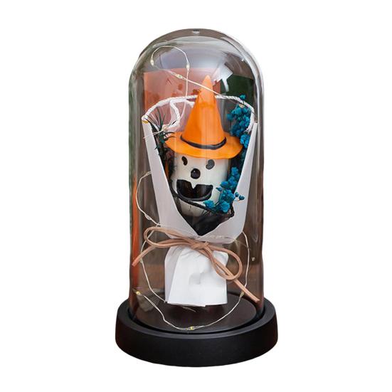 LED Clear Dome Pumpkin Night Light Halloween Light-up Pumpkin In Cloche with Artificial Flower for Home Kitchen Mantel Party Decor