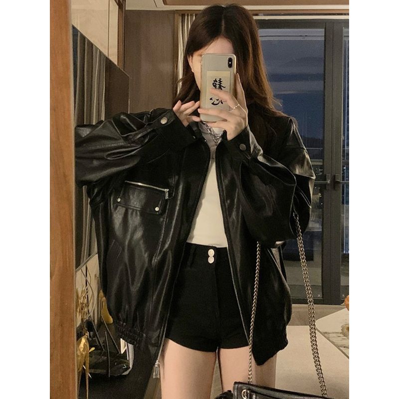 Kumikumi Design Sense Black PU Leather Lapel Long sleeve Outerwear Women Autumn Elegant All-Match Overfit jacket Top