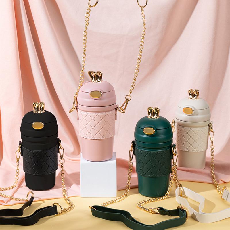 Stainless Steel 304 Bouncing Cover Vacuum Flask, Coffee Thermos Mug, Creative Girls Straw Thermos Cup, Water Bottle