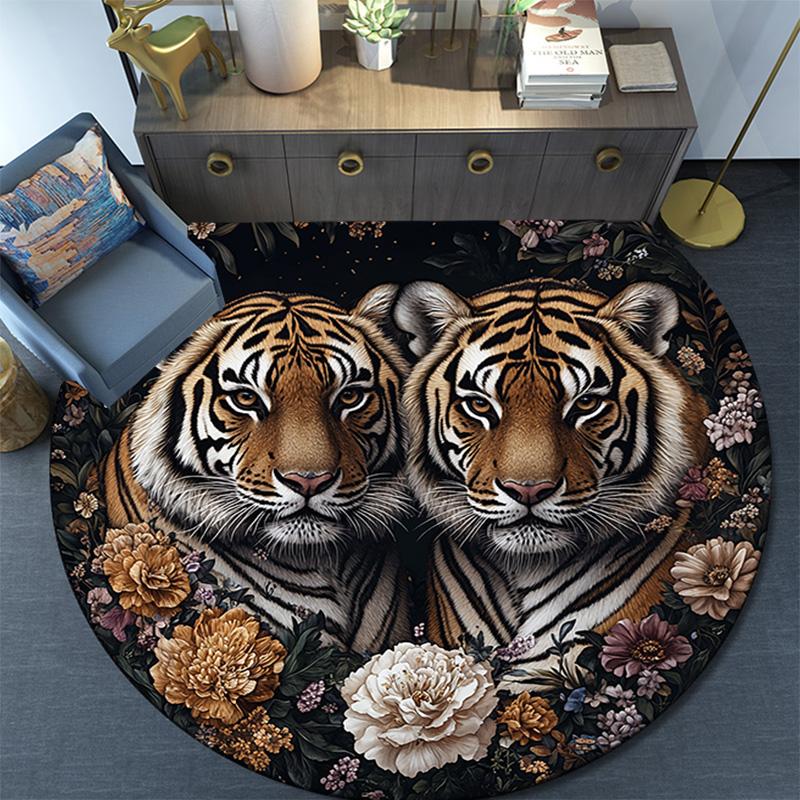 Tiger Artwork Round Area Rug,Carpet Rug for Living Room Bedroom Sofa Playroom Decor,Non-slip Floor Mat