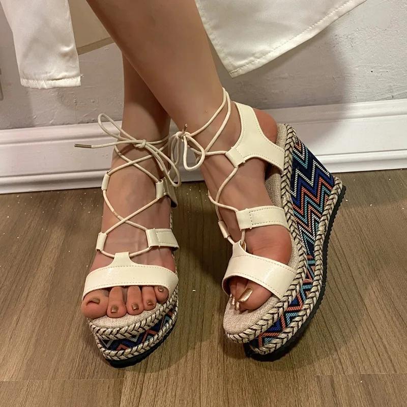 Fashion 2024 Hot Sale Ladies Shoes Lace-up Women's Sandals Fashion Color Matching Dress Sandals Women New Round Toe Wedge Sandalszapatos