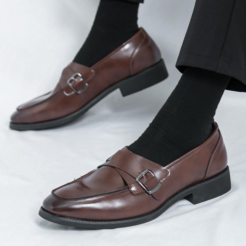 Fashion New Men's Pointed Patent Leather Formal Shoes Male Monk Strap Loafers Wedding Prom Homecoming Flats Sapato Social Masculino
