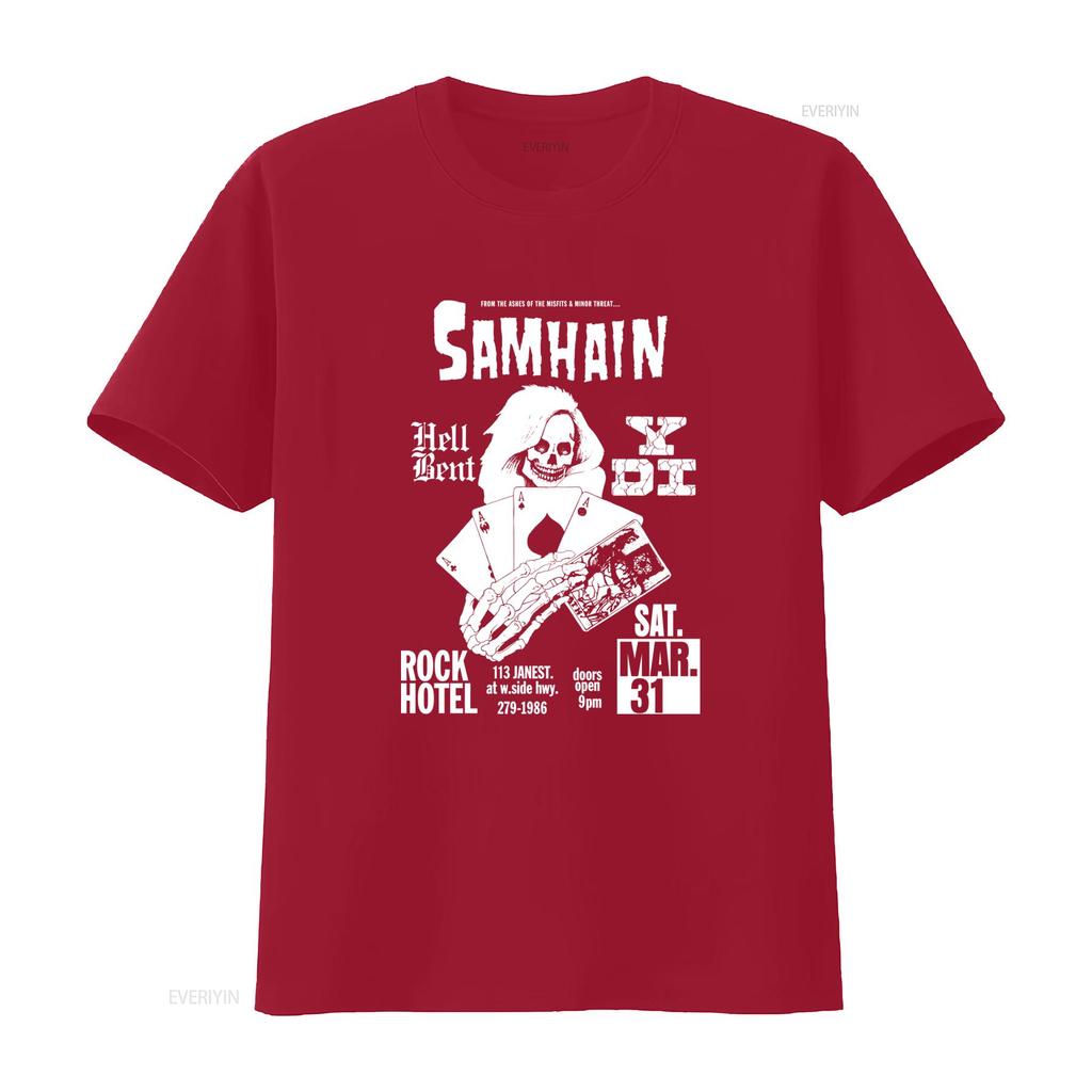 Samhain Rock Hotel Flyer Unisexs Black T Shirt Premium Cotton Danzig Misfits Skull Playing Cards Design Vintage Washed Stretched