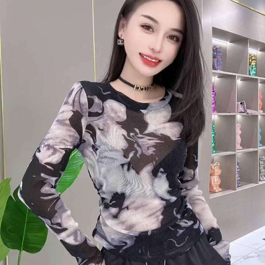 European Mesh Ink Print Slim Long-Sleeve Women's Shirt - Retro, Versatile, Fashionable, for Spring & Autumn