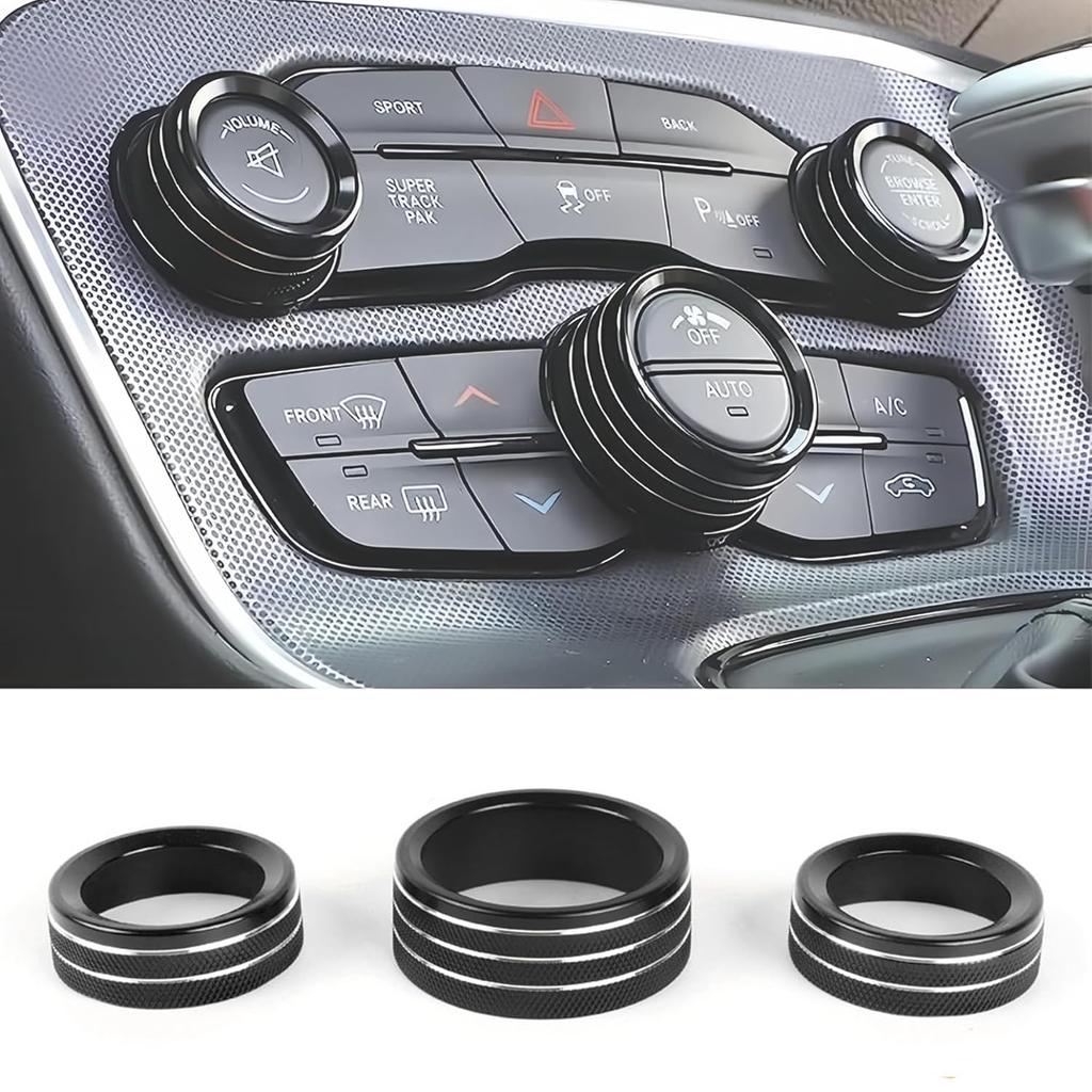 Knob Covers for Dodge Challenger/Charger/Chrysler 300/300s (2015-2021) & Ram (2013-2018) - Aluminum, Black, Rotary, 3 Count, Manual, Surface Mount