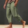 Men Cropped Pants Drawstring Elastic Waist Solid Color Loose Pockets Split Deep Crotch Soft Breathable Summer Vacation Beach Trousers
