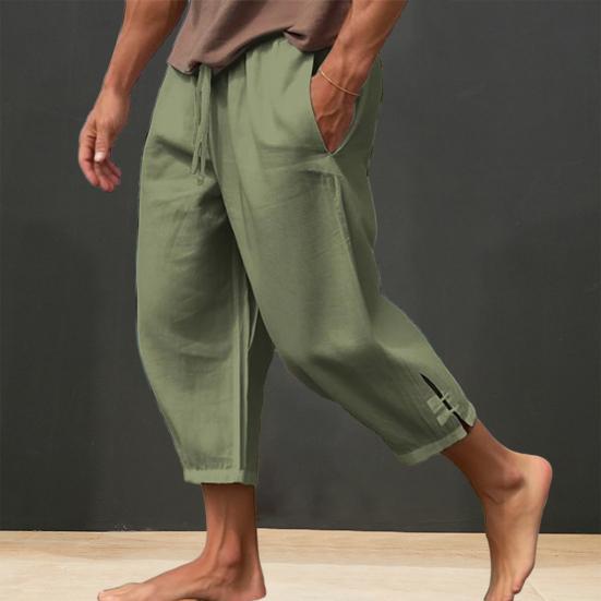 Men Cropped Pants Drawstring Elastic Waist Solid Color Loose Pockets Split Deep Crotch Soft Breathable Summer Vacation Beach Trousers
