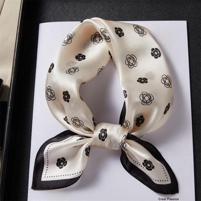 Rose new beige silk scarf small square scarf women s simple and versatile high-end mulberry silk scarf camellia headband 53*53cm