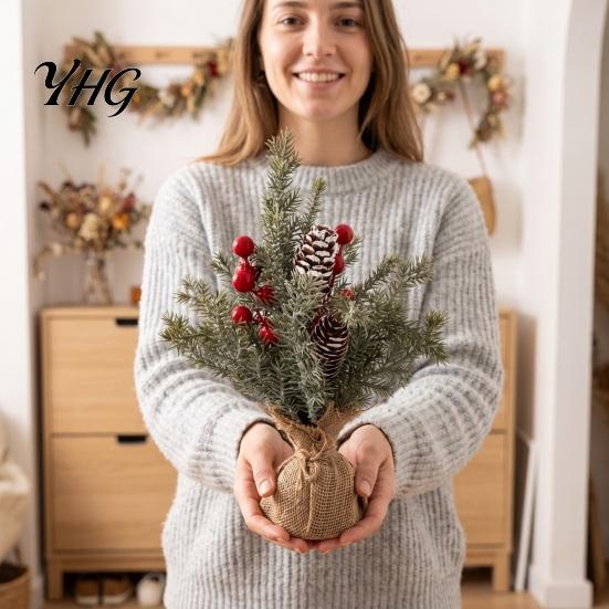 Desktop Holiday Decoration Miniature Christmas Tree with Red Berries, Artificial Mini Pine Burlap Rustic Ornament Base, Tabletop Faux Small Potted for