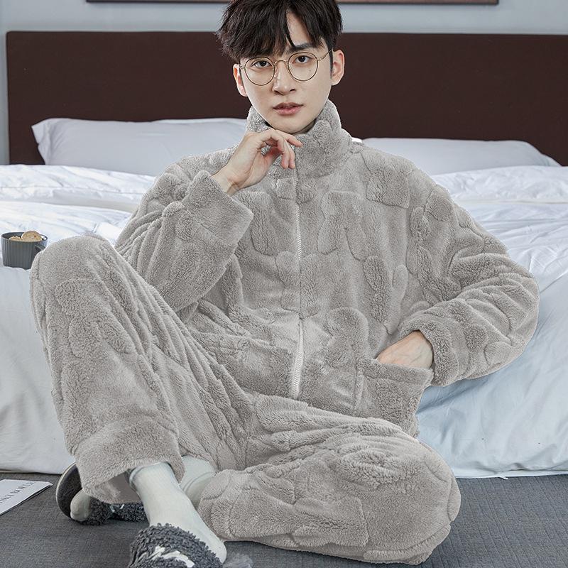 Men's Thick Coral Fleece Stand-Up Collar Zipper Pajamas - Warm Long Sleeve Homewear for Autumn & Winter