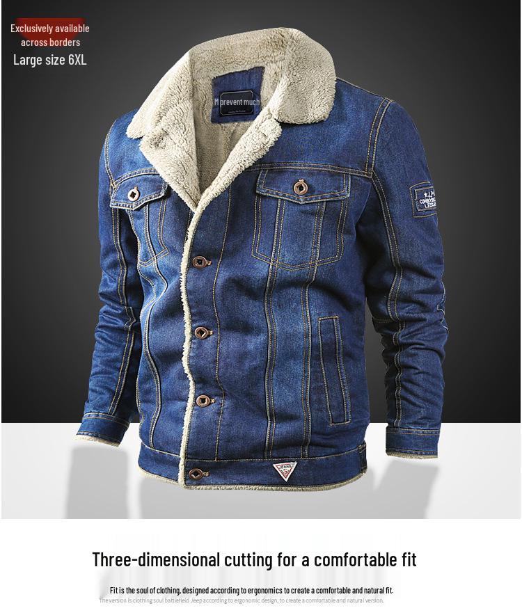Men's Winter Fleece-Lined Denim Jacket - Loose Fit, Turn-Down Collar, Plus Size