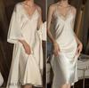 Plus Size Long 2PCS Robe Nightgown Set Elegant Kimono Bathrobe Gown Sleepwear Summer Sexy Women's Homewear Loungewear