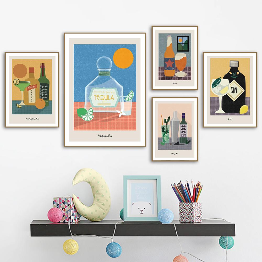 Gin Rum Margarita Mojito Beer Wine Cocktail Wall Art Canvas Painting Nordic Posters And Prints Wall Pictures For Bar Room Decor