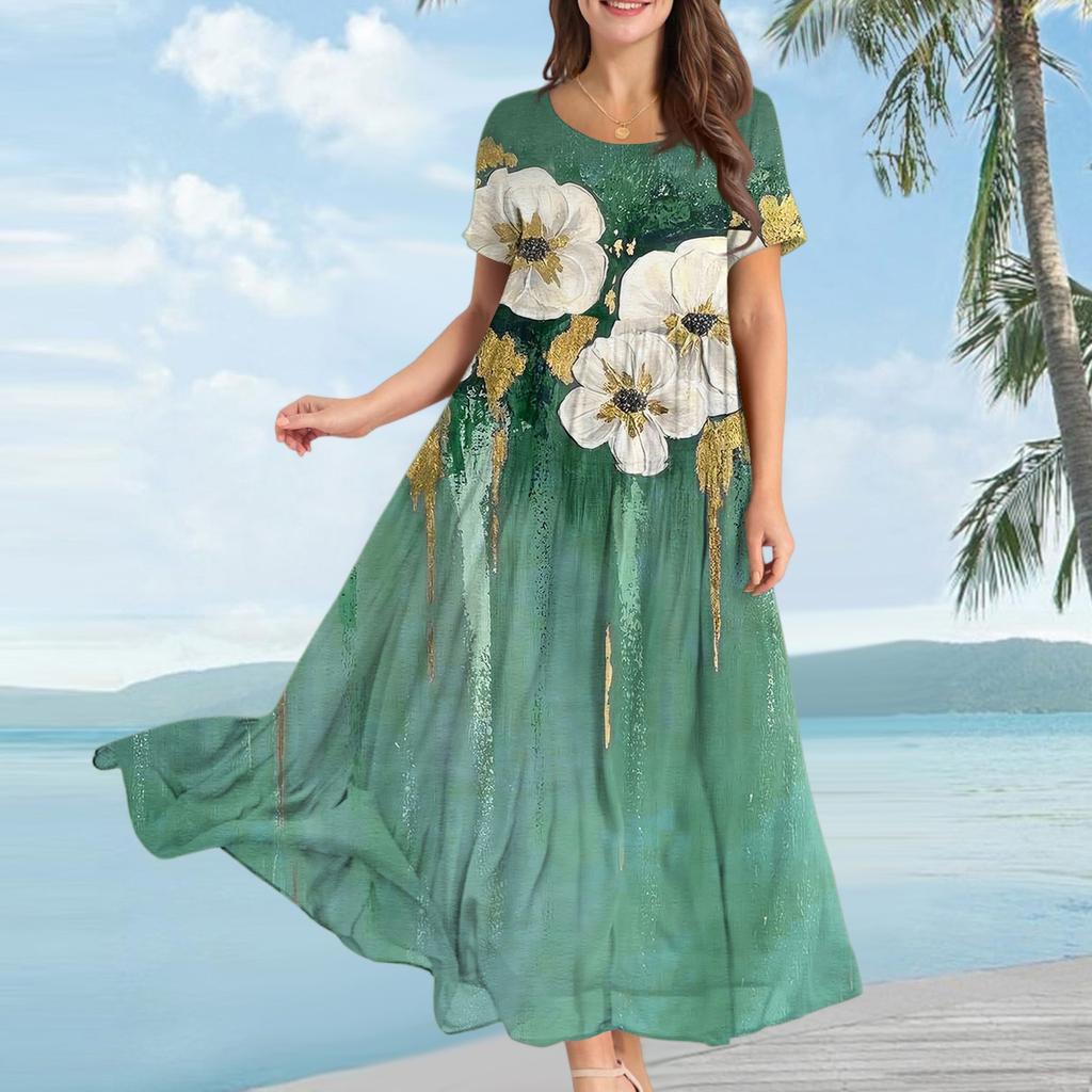 Women's Casual Loose Bohemian Floral Print Short Sleeve Dress
