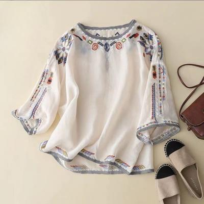 Women's Summer Ethnic Style Loose Embroidery Cotton and Linen T-shirt Thin Sleeves Round Neck Tops