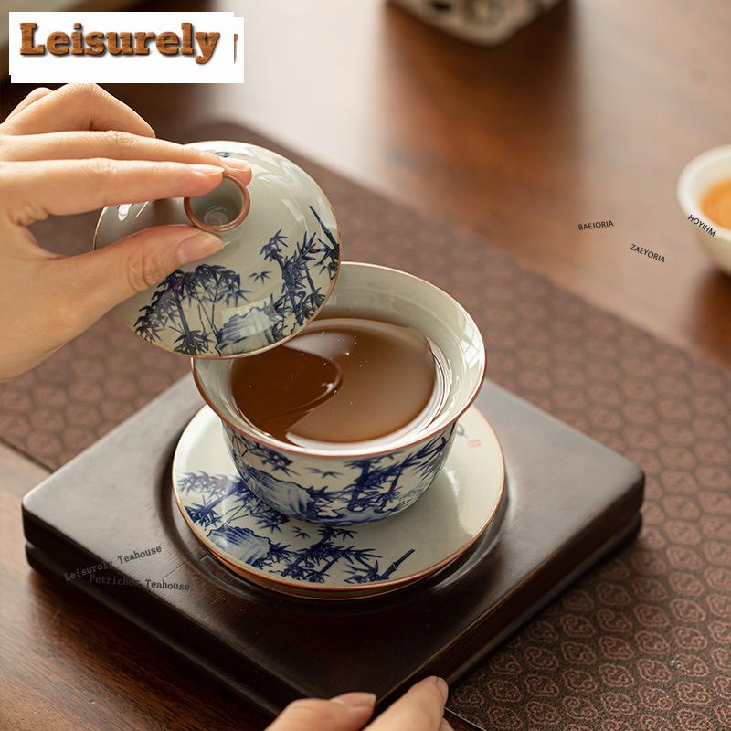 HOYIHM 161ml Rretro Old Pottery Clay Gaiwan Vintage Blue And White Landscape Poetry Tea Tureen Tea Making Cover Bowl Tea Gifts