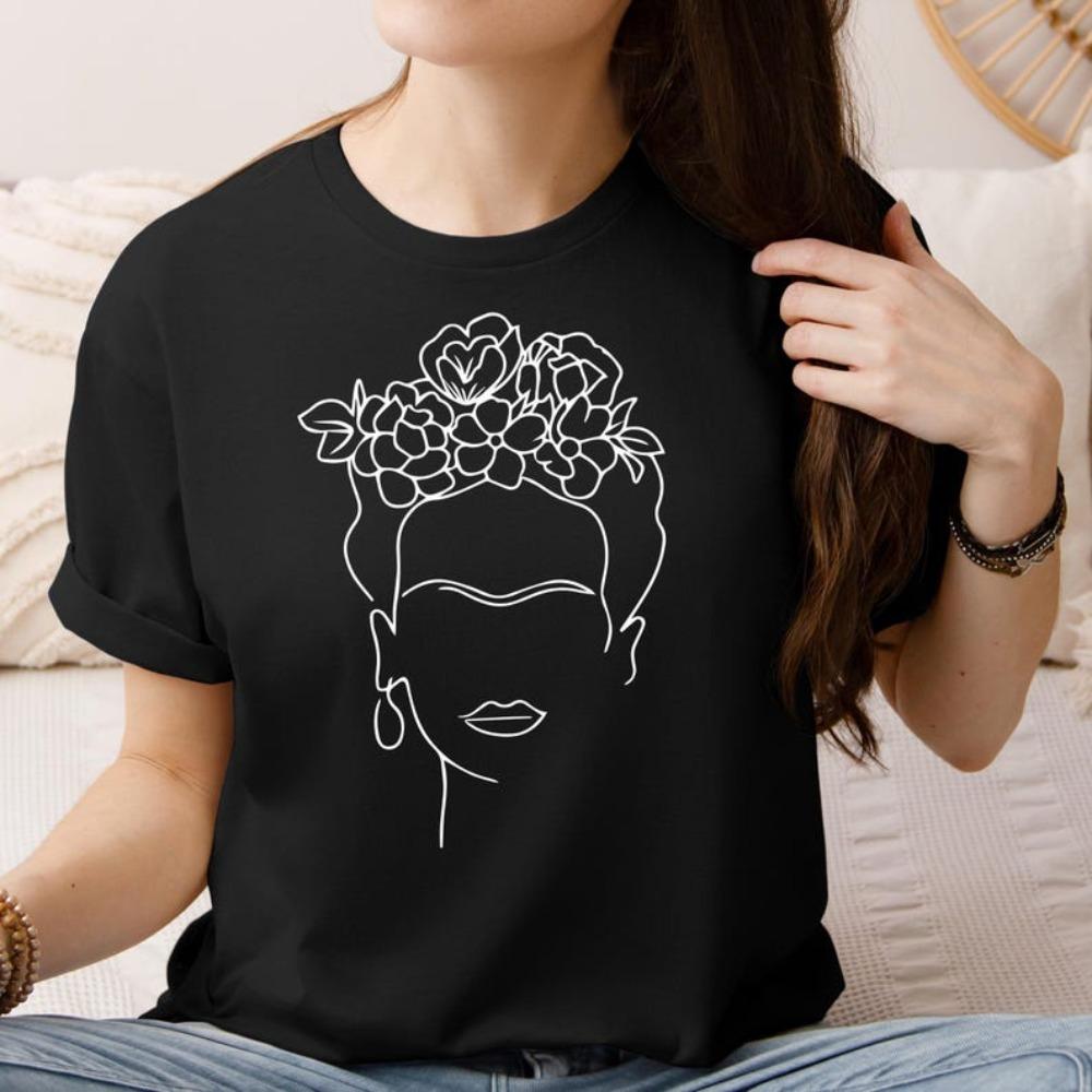 Frida Face Line Art Shirt Frida Kahlo Salute and Remember The Clothing Frida Kahlo Portrait T-shirt Simple Women Tee Tops S