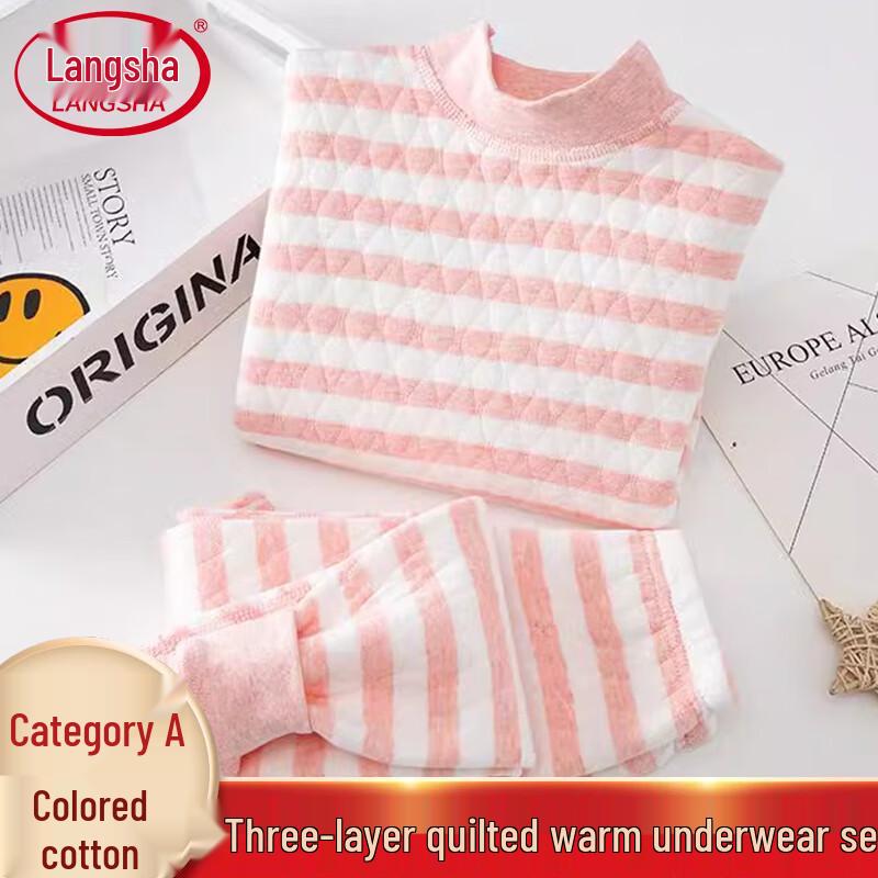 Langsha Girls' 3-Layer Thick 100% Cotton Thermal Underwear Set