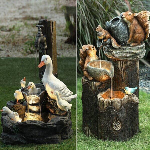 Squirrel And Duck Solar Water Fountain Resin Garden Decor For Patio And Lawn