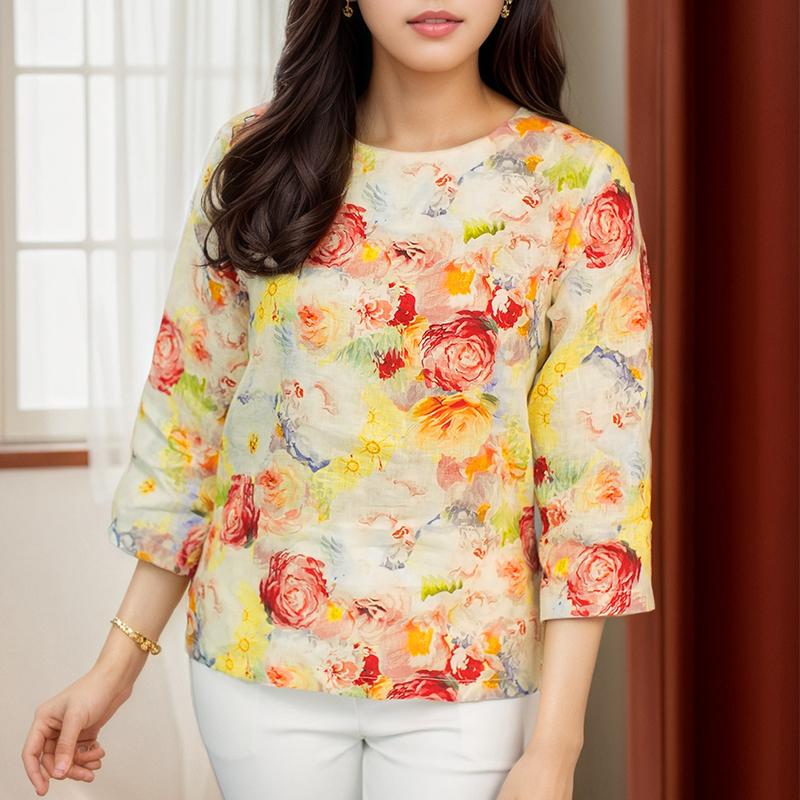 

ZANZEA Женская повседневная блузка с круглым вырезом и рукавом 3/4 с принтом 2XL