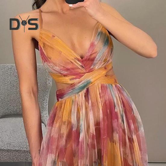 Women Evening Dress Mesh Colorful Printing Low-cut Sleeveless Backless Spaghetti Strap Pleated A-line Floor Length Tight Waist