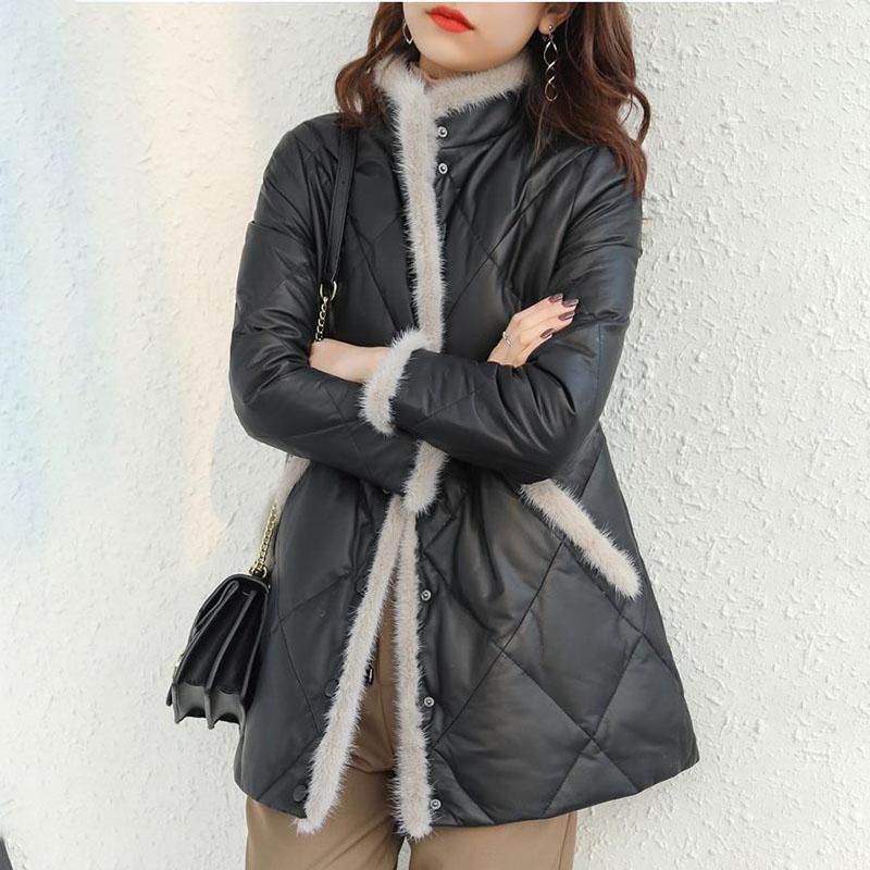 Winter Women's Thickened  Padded Jacket Stand Collar Slim Fit Padded PU Leather Coat