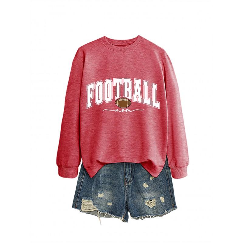 Womens Casual Round Neck Long Sleeve Cotton Sweatshirt With Football Mom Print - Loose Fit Plus Size S-XXL