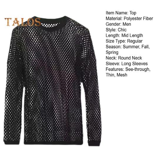 Herren Mesh-Oberteil, ultradünn, durchsichtig, Rundhalsausschnitt, lange Ärmel, einfarbig, dehnbar, lockere Passform, muskelaufbauendes Party-Homewear-Club-Tanz-Performance-T-Shirt
