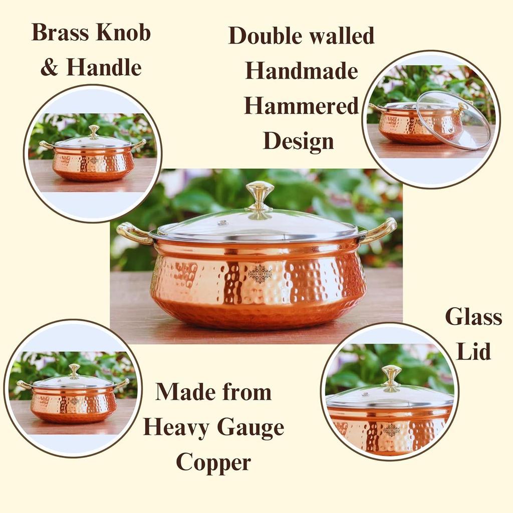 Hammered Steel Copper Casserole Donga Bowl with Glass Lid, Tableware and Serveware (2200 ml)