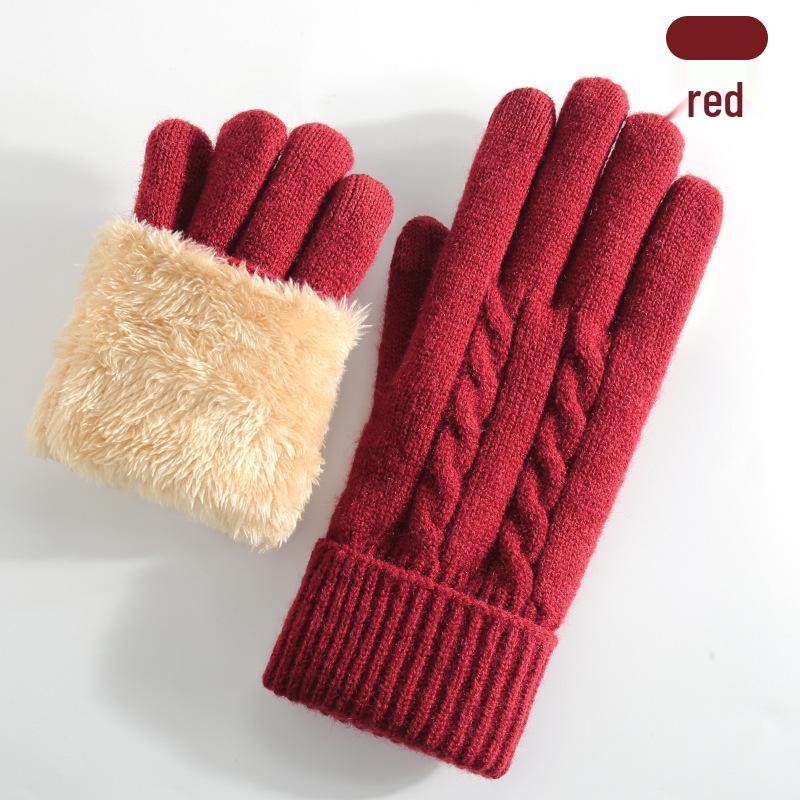 Women's Winter Knitted Touchscreen Gloves - Double-Layer Fleece-Lined, Thick Warm for Outdoor Cycling