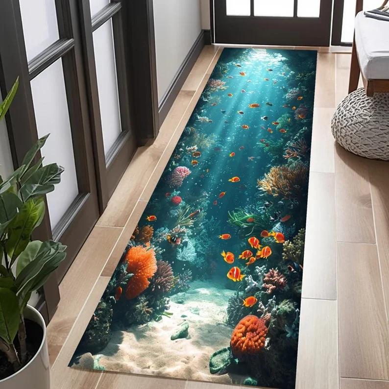 Underwater Coral Reef Runner Rug 3D Ocean Illusion Hallway Carpet with Tropical Fish Coastal Nautical Home Decor