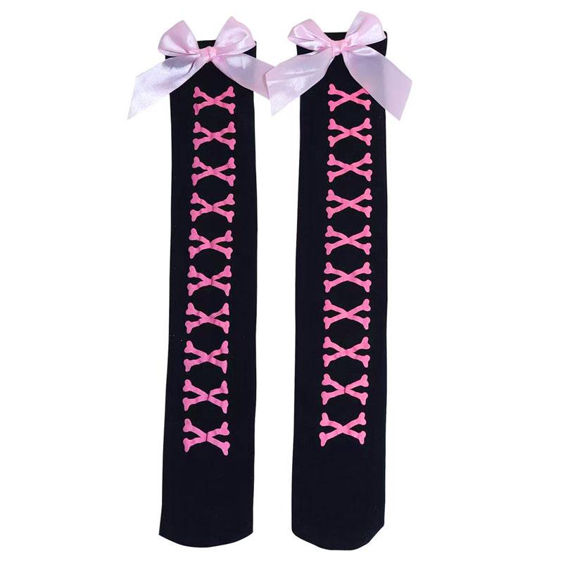 Sommer Mädchen Knochen Schleife Socken Streetwear Mädchen Schwarz Süß Niedlich Rosa Strümpfe 75cm Über das Knie Socke One Size pink